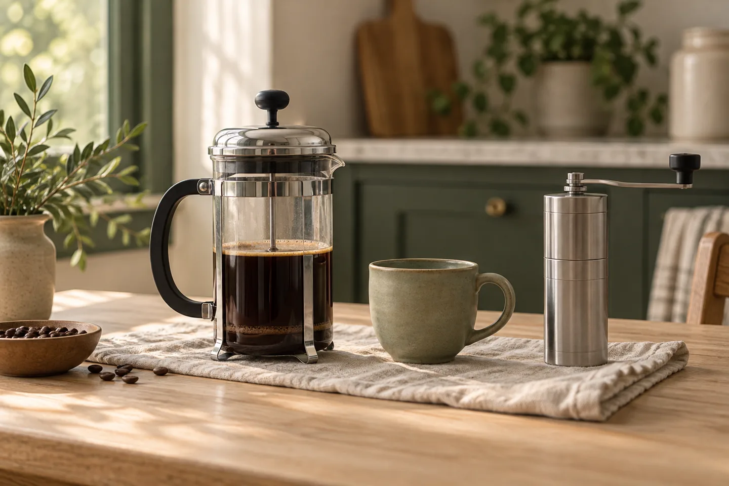 Glass French press, sage ceramic mug and a hand grinder on a linen cloth