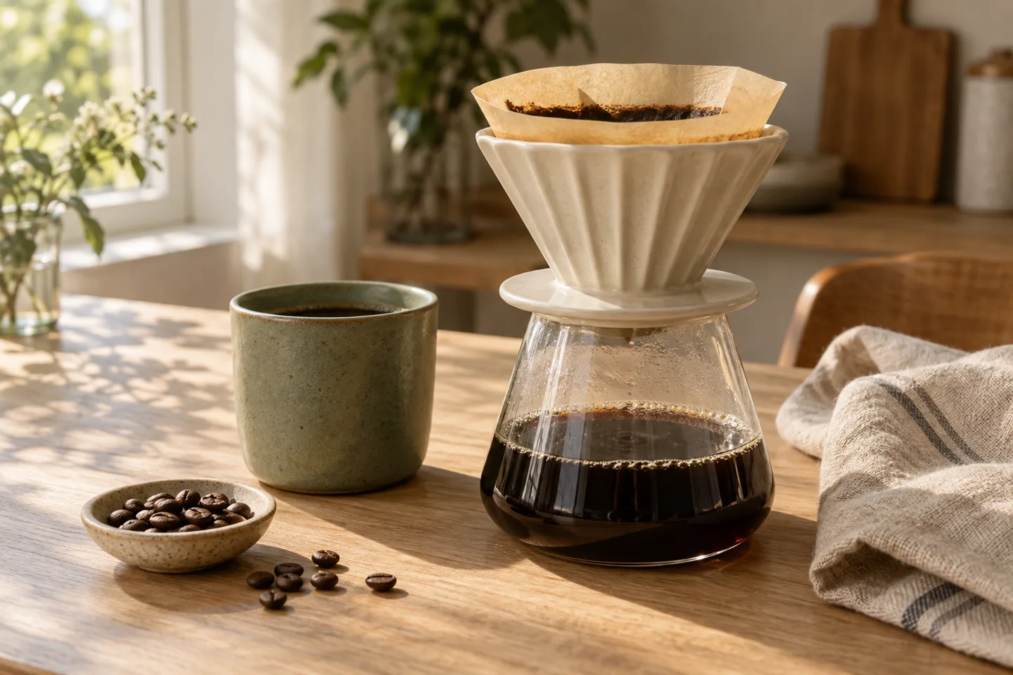 Cream ceramic pour-over dripper on a glass coffee carafe, beside a sage mug in morning light